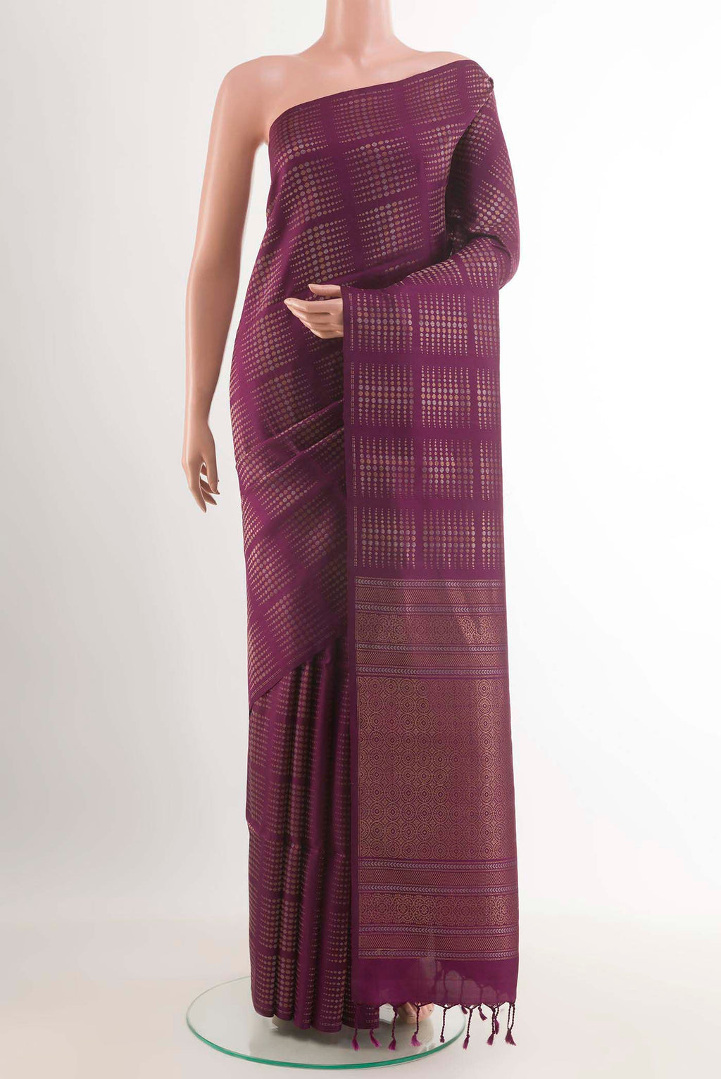 Purple Dual Tone Soft Silk Saree with Zari Butta on the body and Zari Border.  displayed on a mannequin