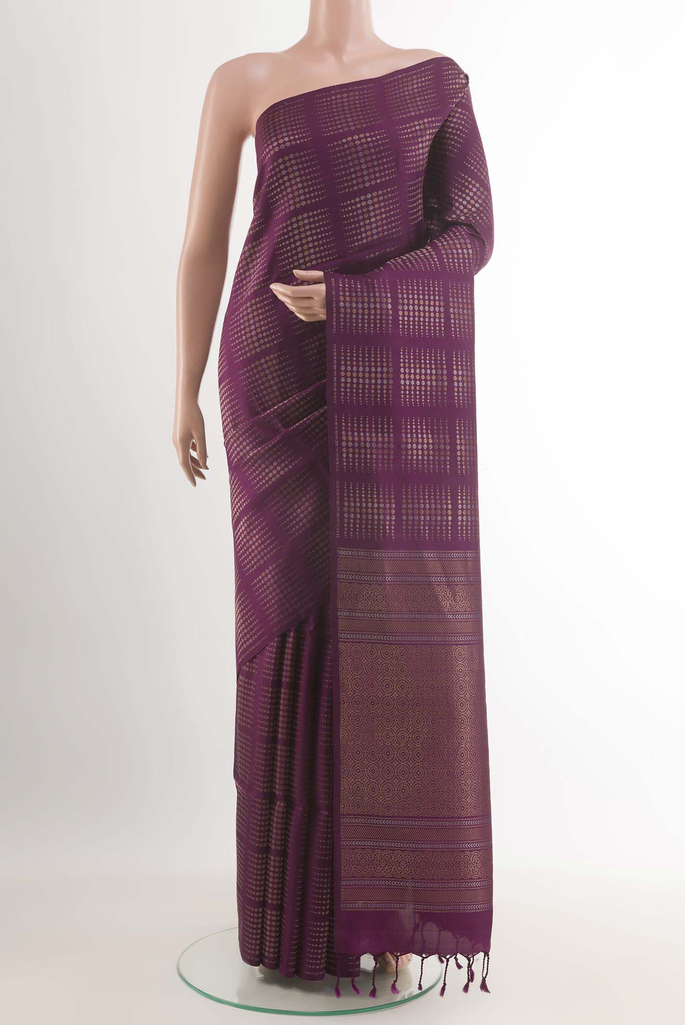 Purple Dual Tone Soft Silk Saree with Zari Butta on the body and Zari Border.  displayed on a mannequin