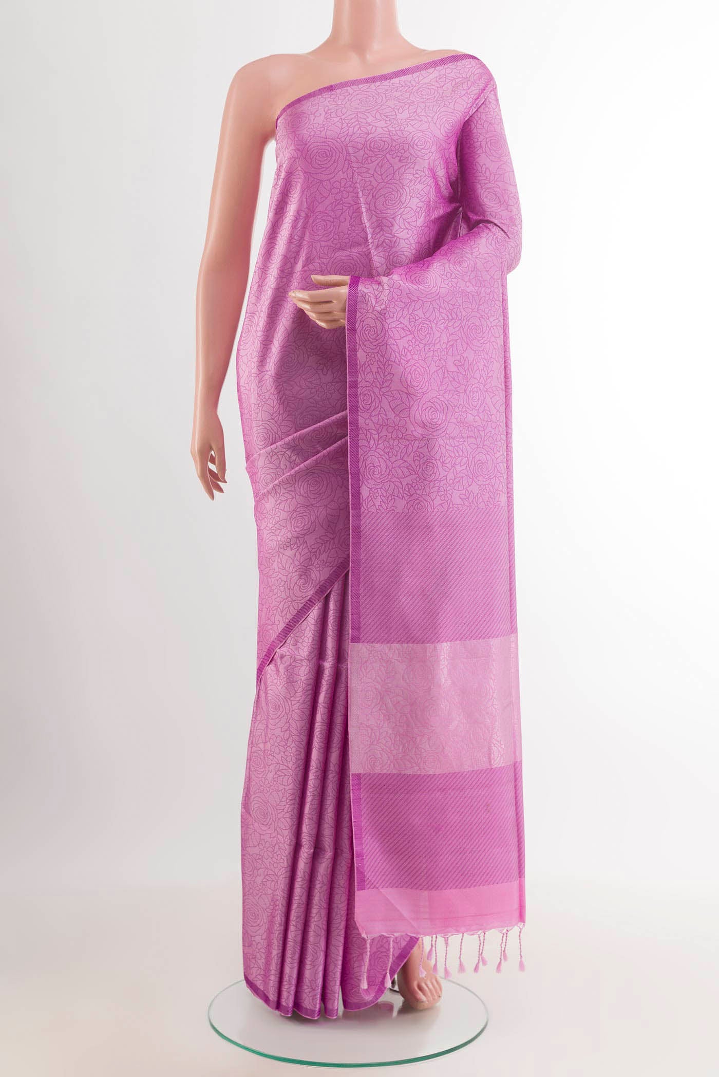 Pink Soft Silk Saree with Jacquard design on the body and Zari Border.  displayed on a mannequin