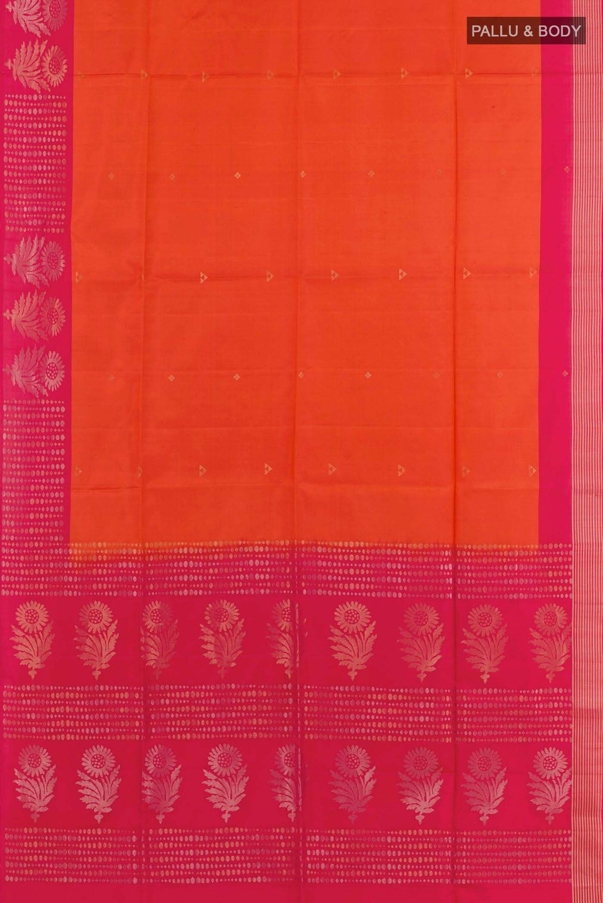 Flat view of Orange Soft Silk Saree with Zari Butta on the body and Zari Border. 