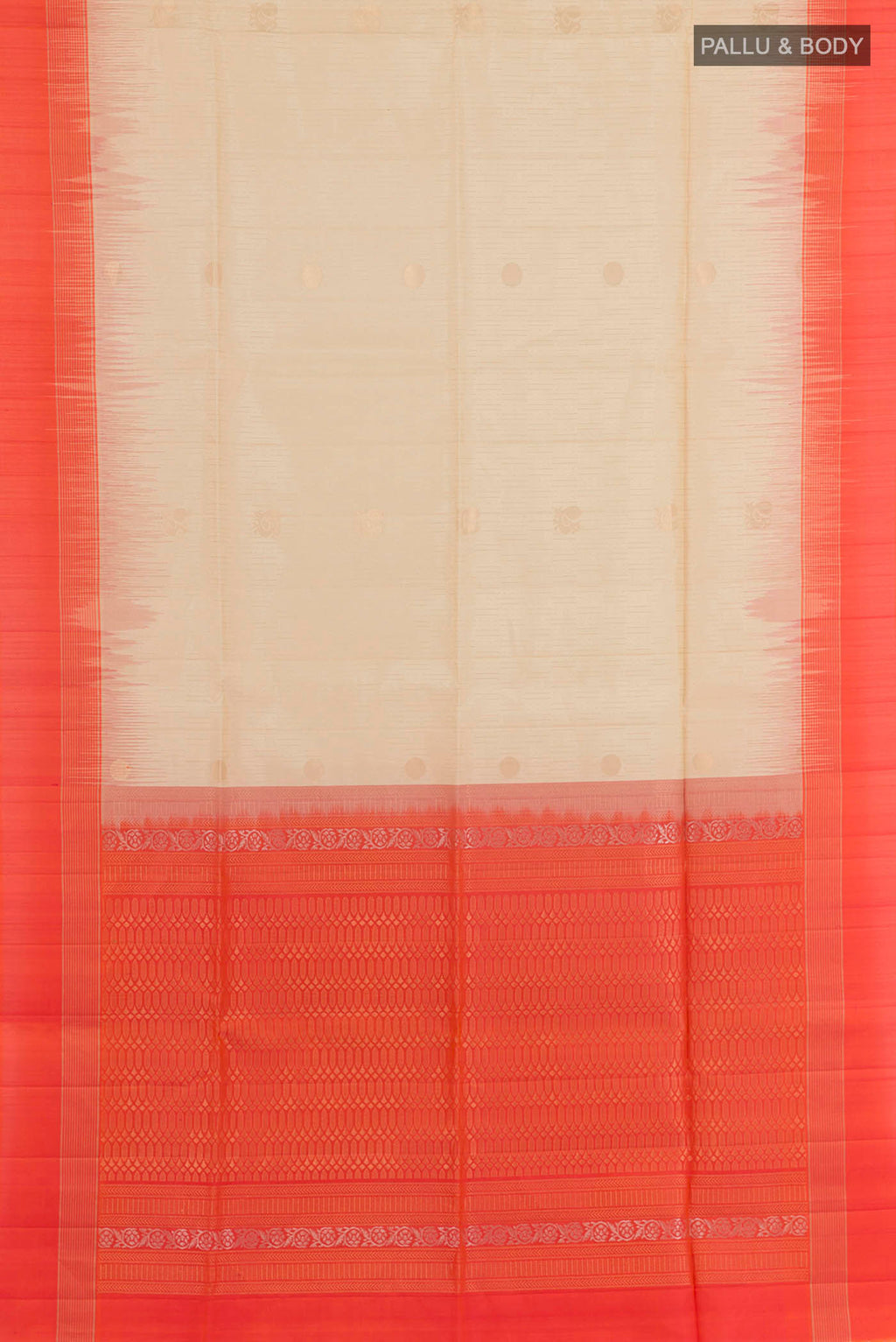 Flat view of Cream Soft Silk Saree with Zari Butta on the body and Zari Border. 