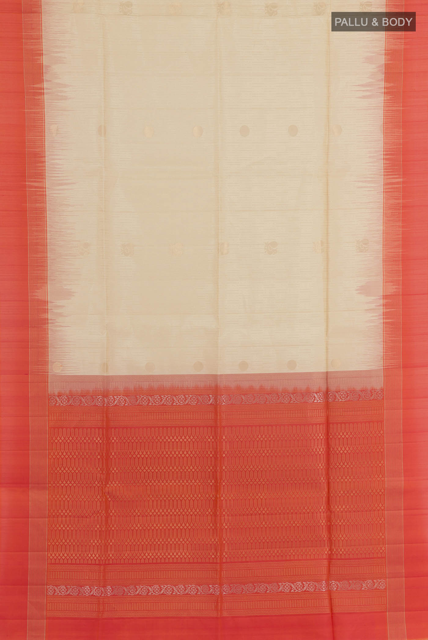 Flat view of Cream Soft Silk Saree with Zari Butta on the body and Zari Border. 