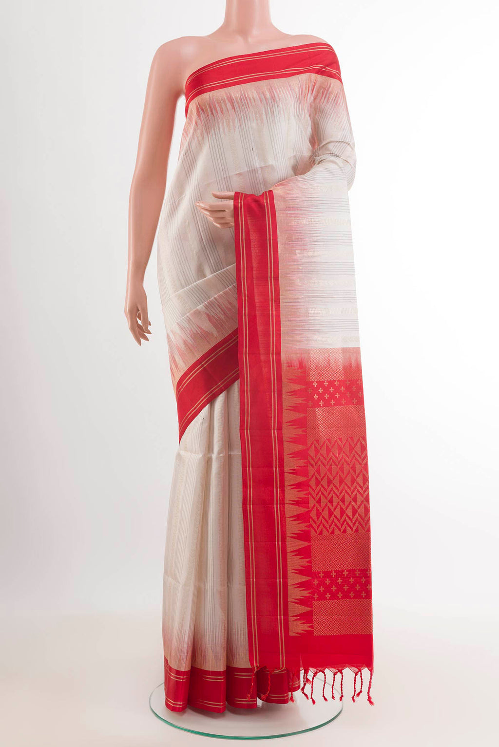 White Soft Silk Saree with Stripes on the body and Zari Border.  displayed on a mannequin