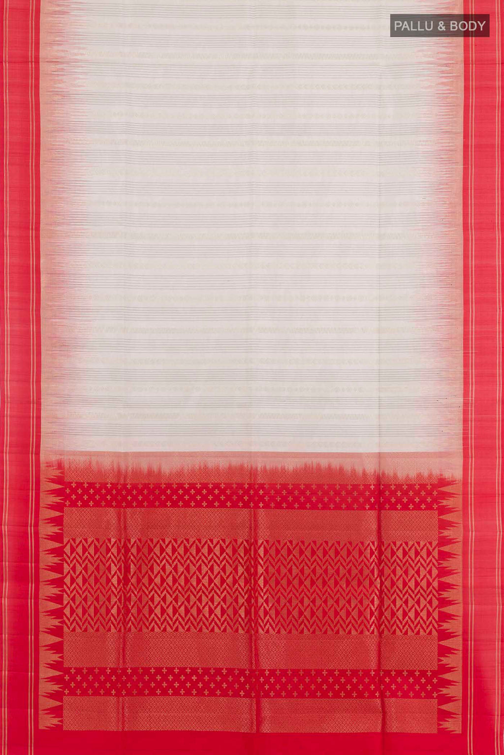 Flat view of White Soft Silk Saree with Stripes on the body and Zari Border. 