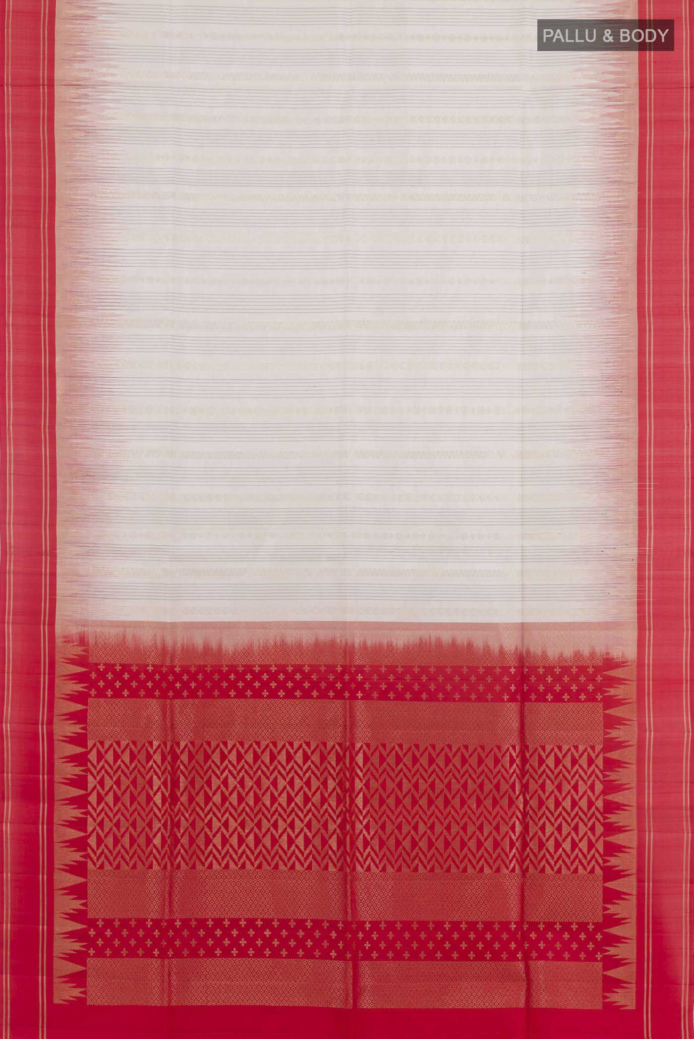 Flat view of White Soft Silk Saree with Stripes on the body and Zari Border. 