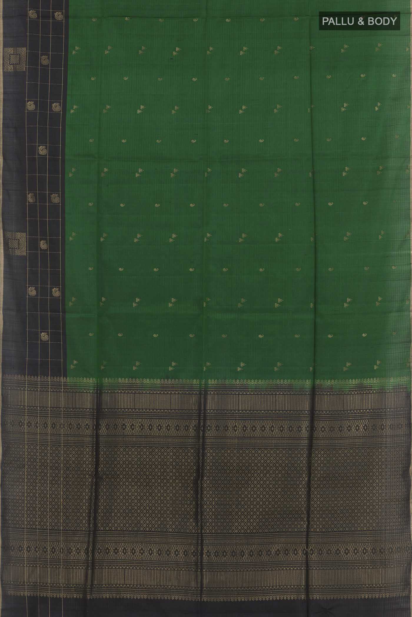 Flat view of Green Soft Silk Saree with Zari Butta on the body and Zari Border. 