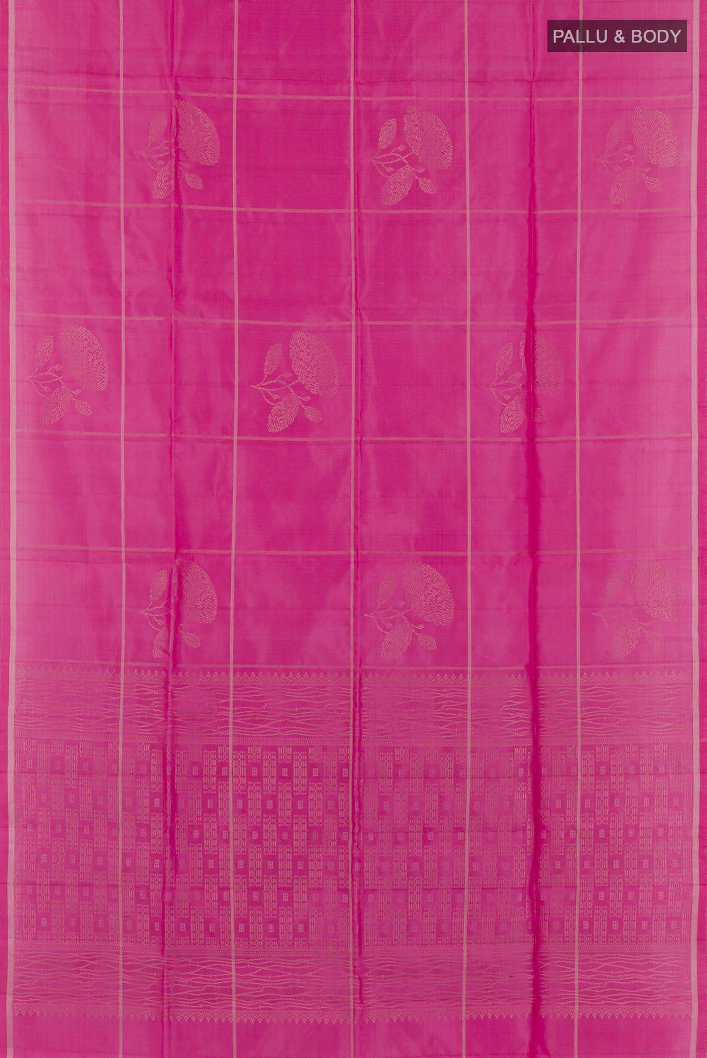 Flat view of Pink Soft Silk Saree with Zari Butta on the body and Zari Border. 
