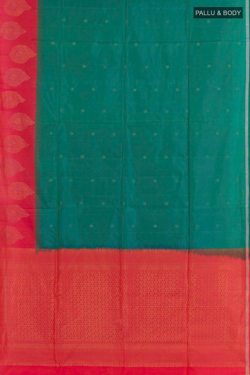 Flat view of Sea Green Dual Tone Soft Silk Saree with Zari Butta on the body and Zari Border. 