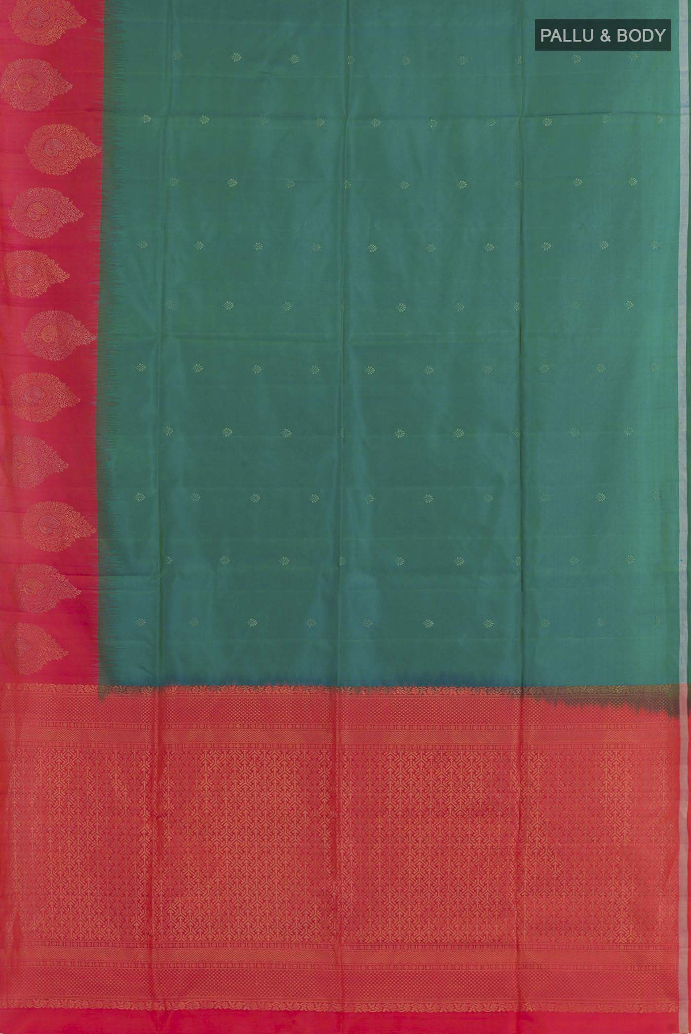 Flat view of Sea Green Dual Tone Soft Silk Saree with Zari Butta on the body and Zari Border. 