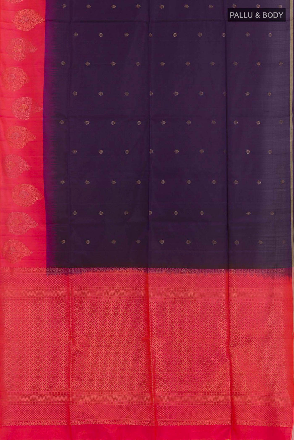 Flat view of Dark Blue Soft Silk Saree with Zari Butta on the body and Zari Border. 