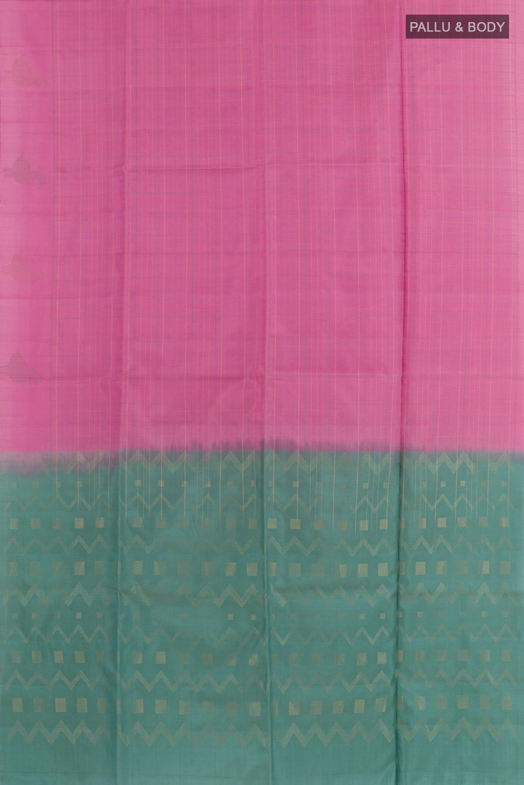 Flat view of Pink Soft Silk Saree with Checked design on the body and Zari Border. 