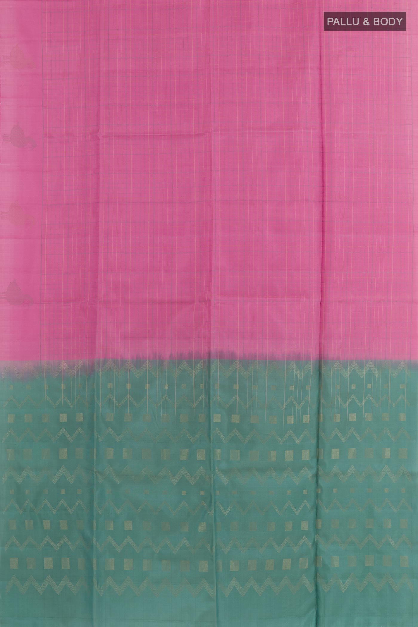 Flat view of Pink Soft Silk Saree with Checked design on the body and Zari Border. 