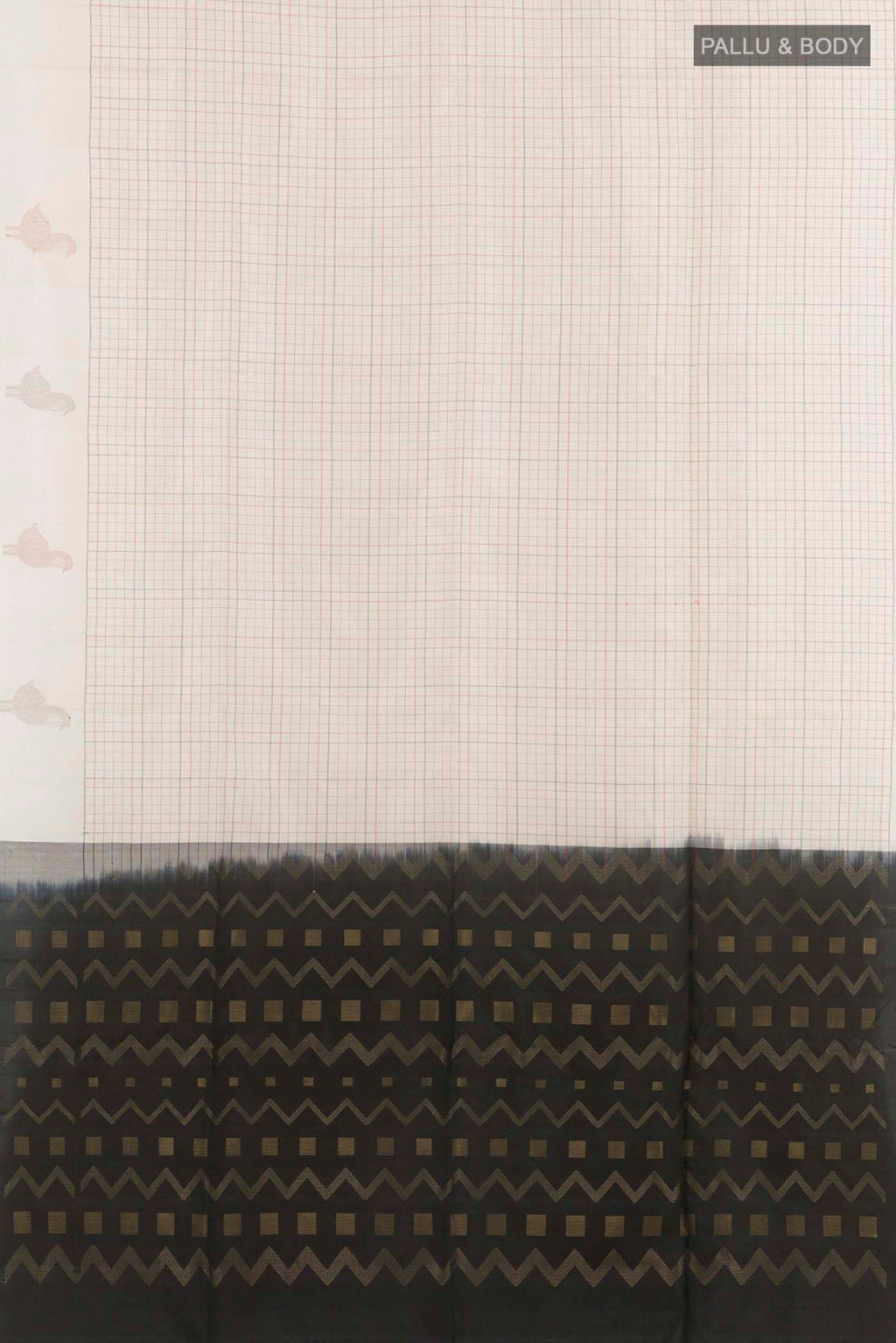 Flat view of Off White Soft Silk Saree with Checked design on the body and Zari Border. 