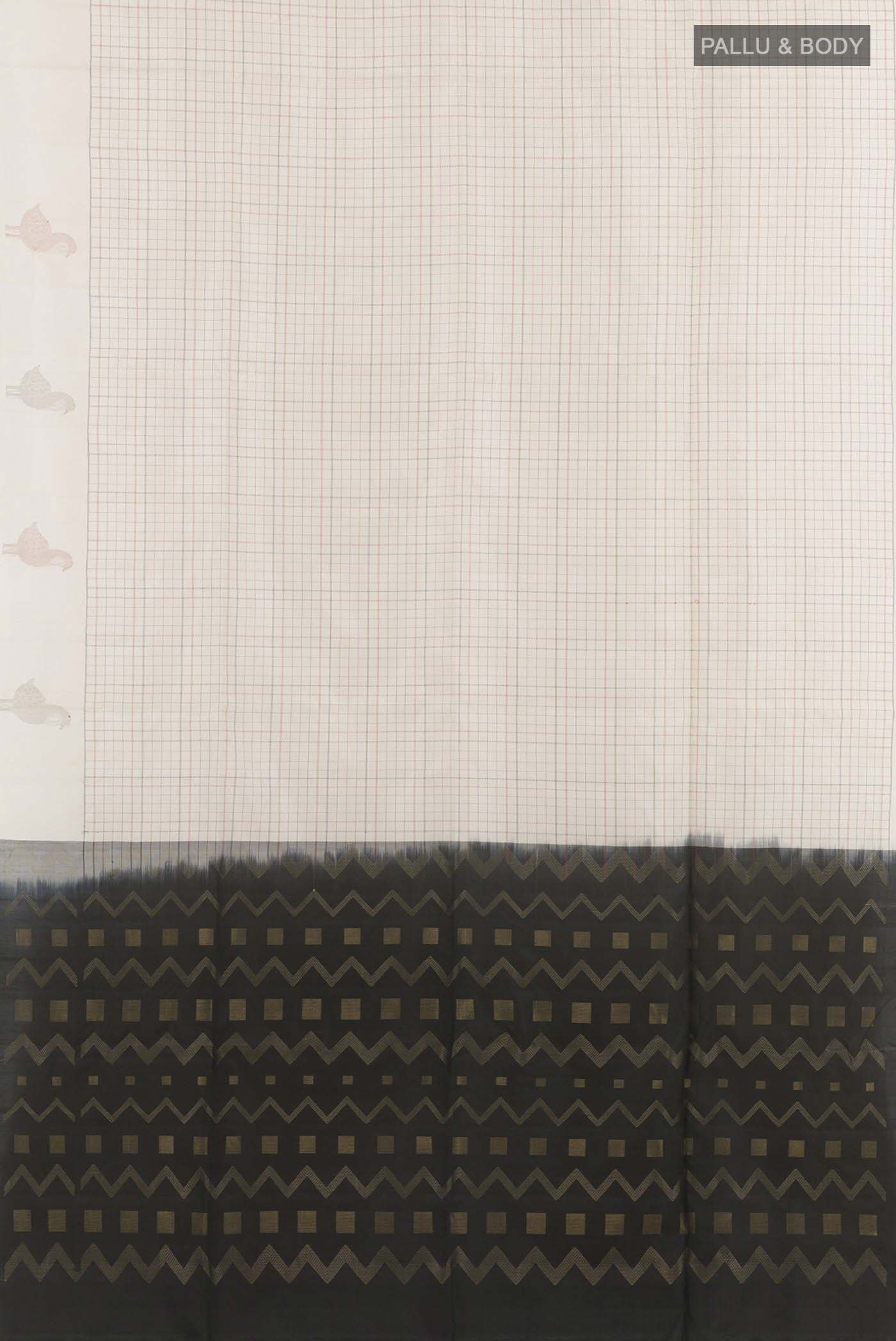 Flat view of Off White Soft Silk Saree with Checked design on the body and Zari Border. 