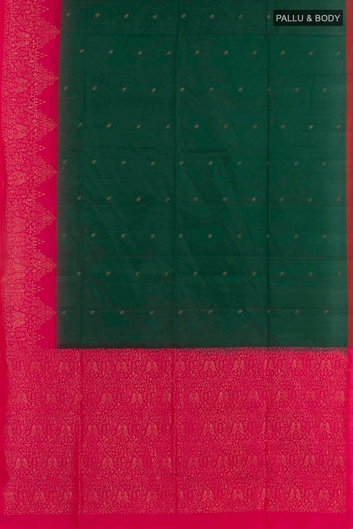 Flat view of Bottle Green Soft Silk Saree with Zari Butta on the body and Zari Border. 
