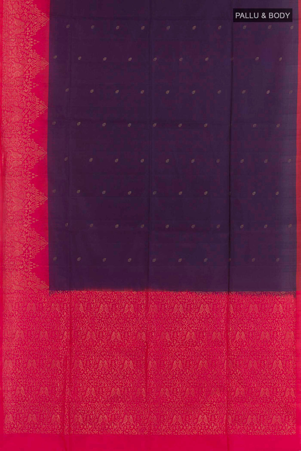 Flat view of Purple Soft Silk Saree with Zari Butta on the body and Zari Border. 