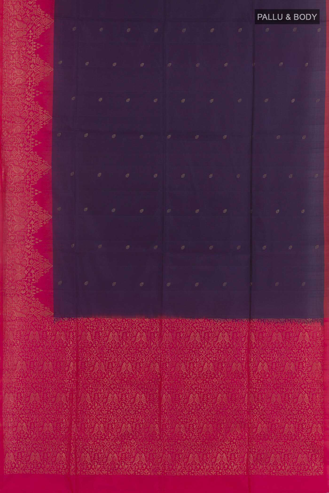 Flat view of Purple Soft Silk Saree with Zari Butta on the body and Zari Border. 