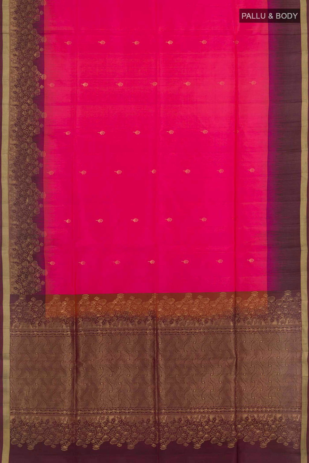 Flat view of Pink Soft Silk Saree with Zari Butta on the body and Zari Border. 