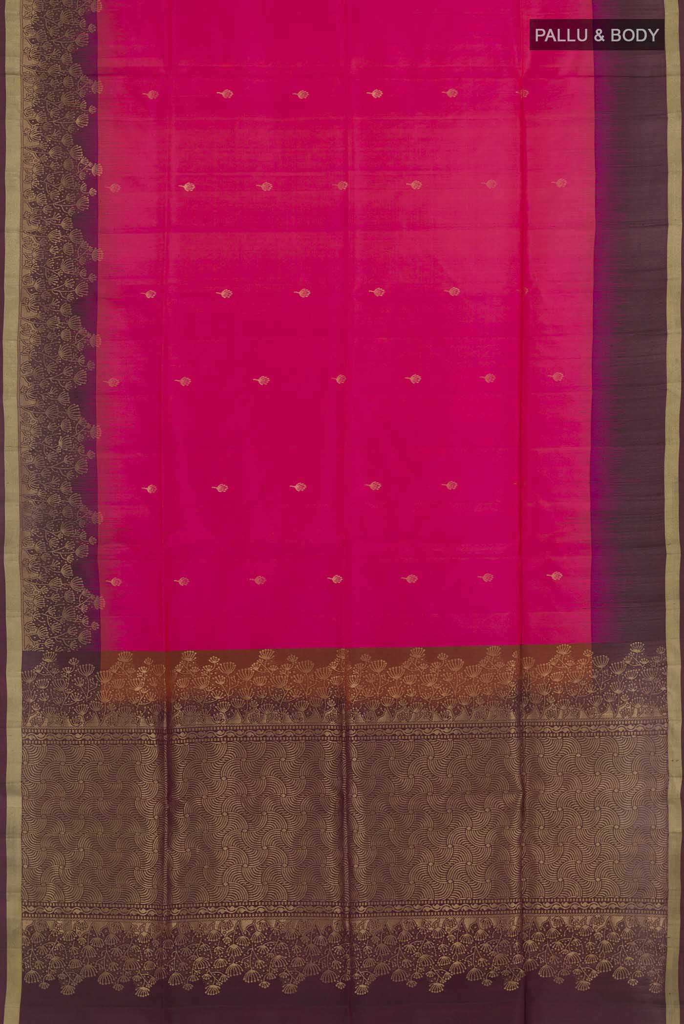 Flat view of Pink Soft Silk Saree with Zari Butta on the body and Zari Border. 