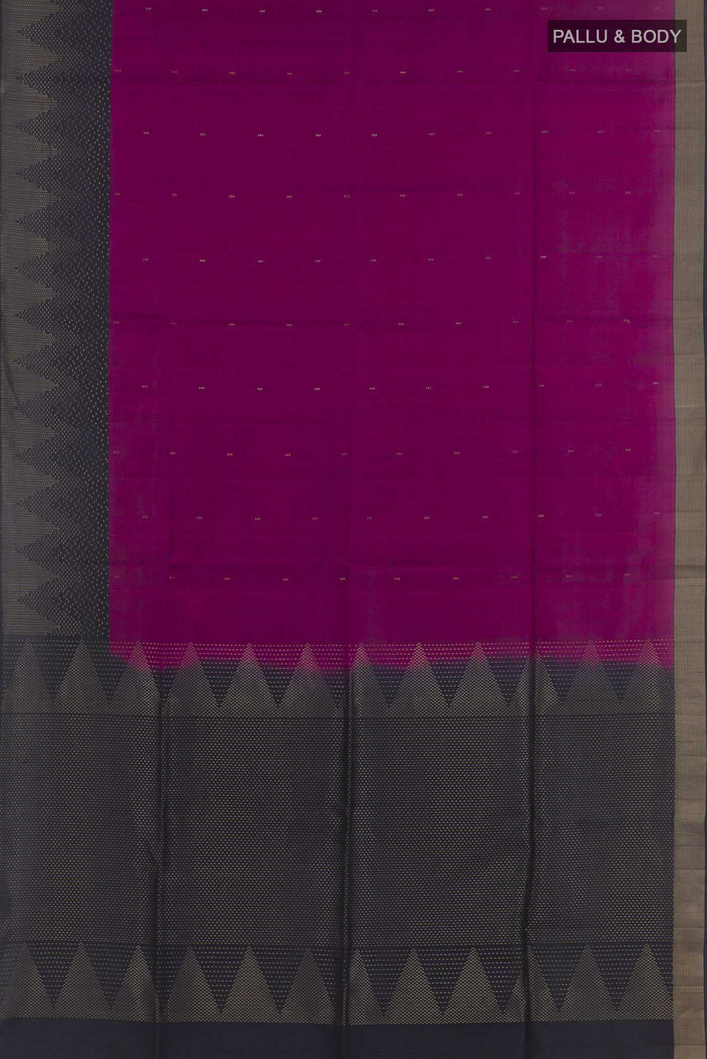 Flat view of Purple Soft Silk Saree with Zari Butta on the body and Zari Border. 