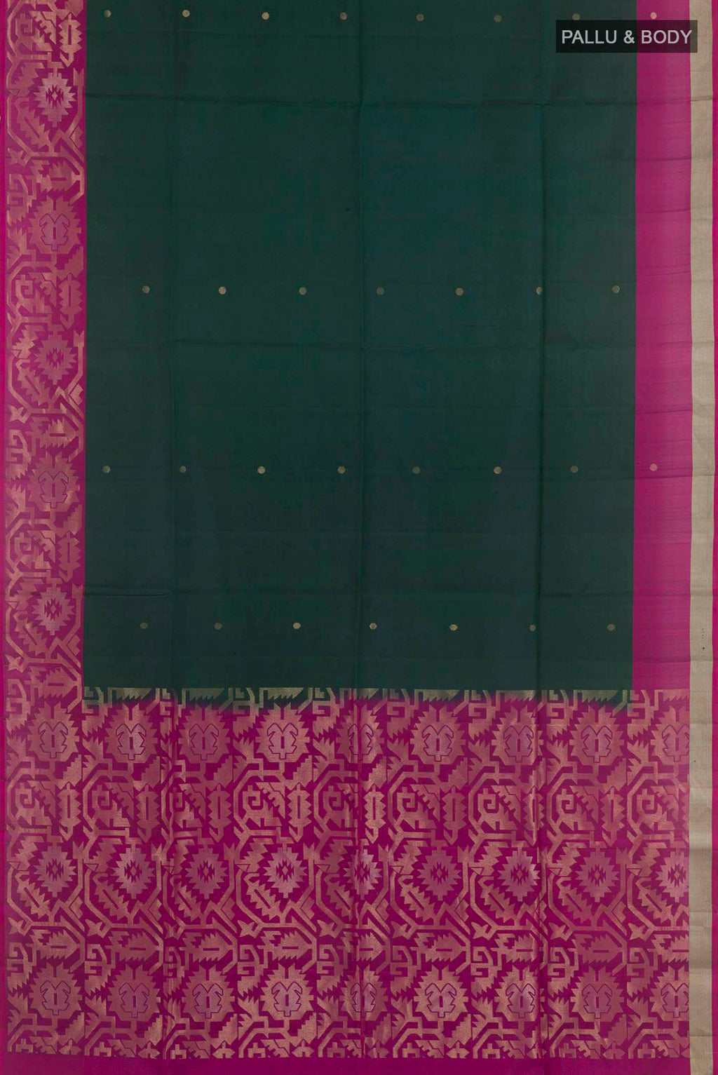 Flat view of Bottle Green Soft Silk Saree with Zari Butta on the body and Zari Border. 