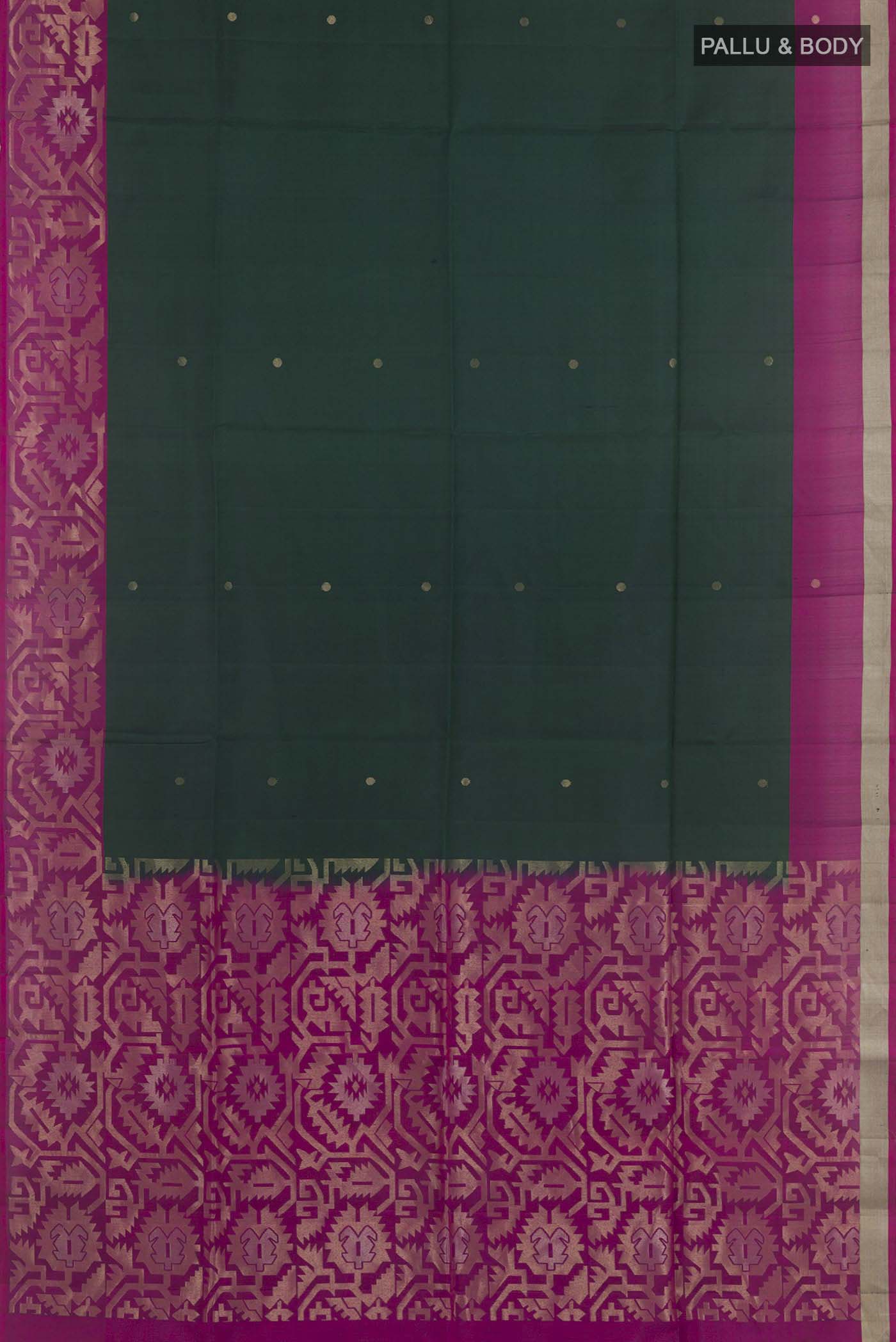 Flat view of Bottle Green Soft Silk Saree with Zari Butta on the body and Zari Border. 