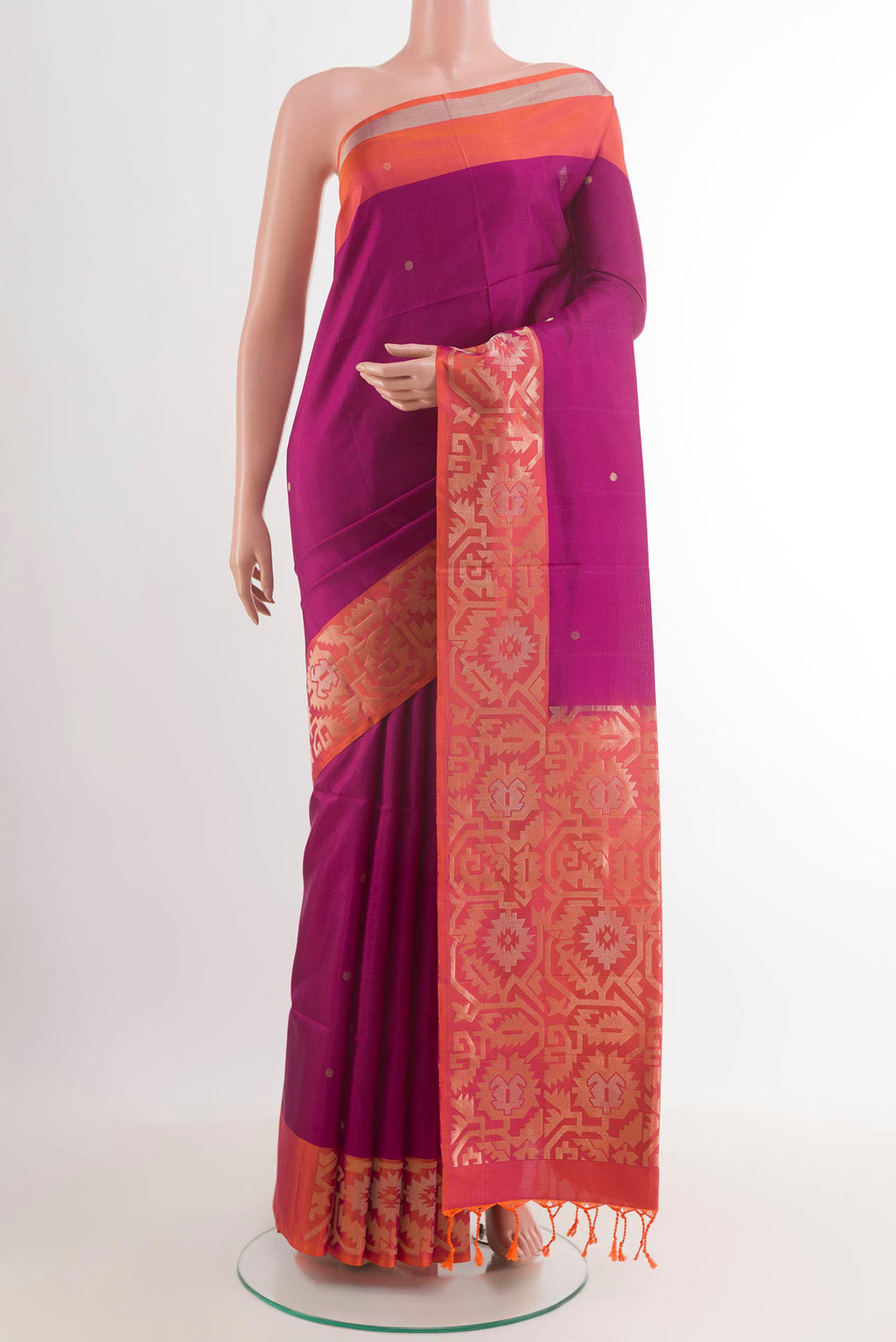 Purple Dual Tone Soft Silk Saree with Zari Butta on the body and Zari Border.  displayed on a mannequin