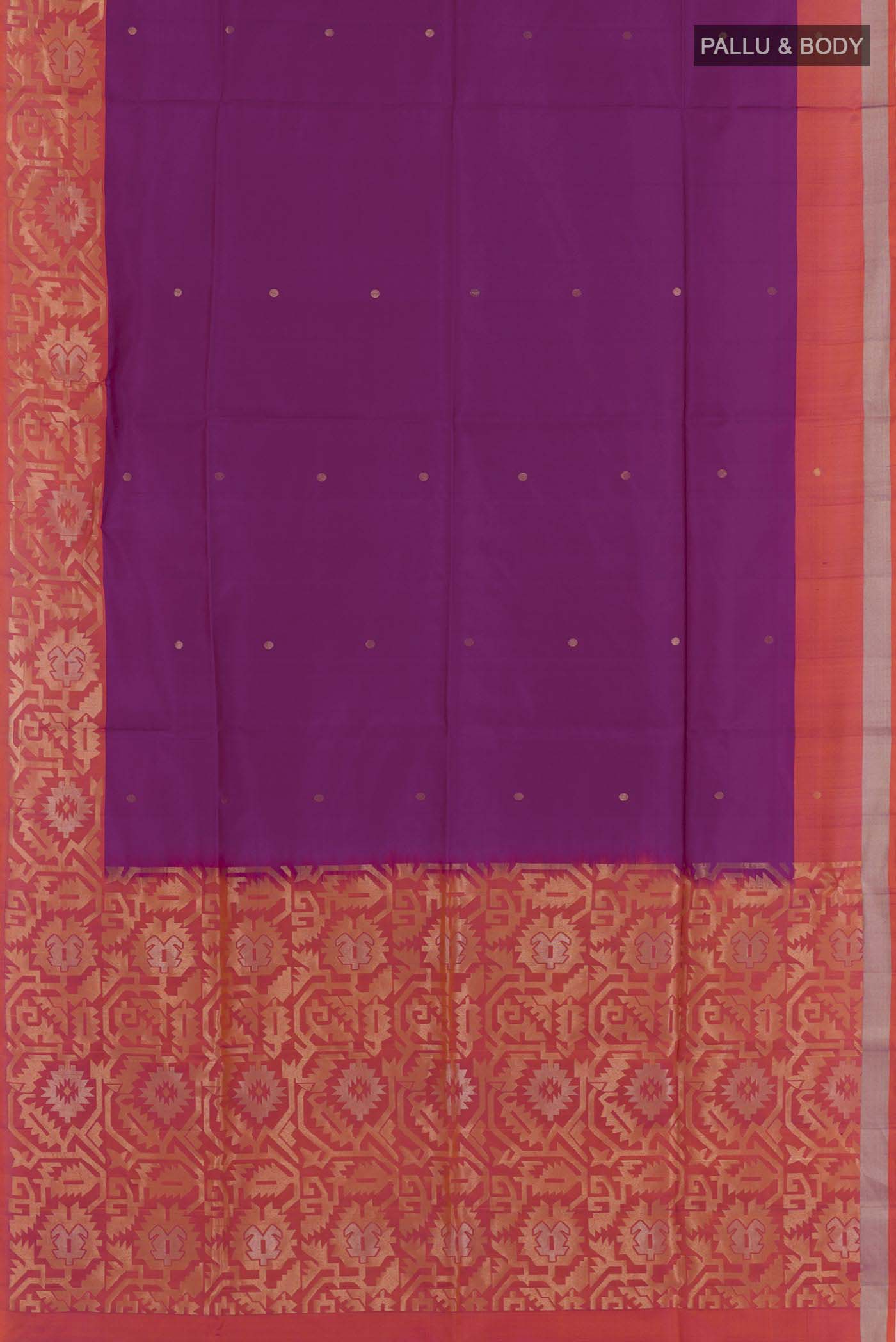 Flat view of Purple Dual Tone Soft Silk Saree with Zari Butta on the body and Zari Border. 