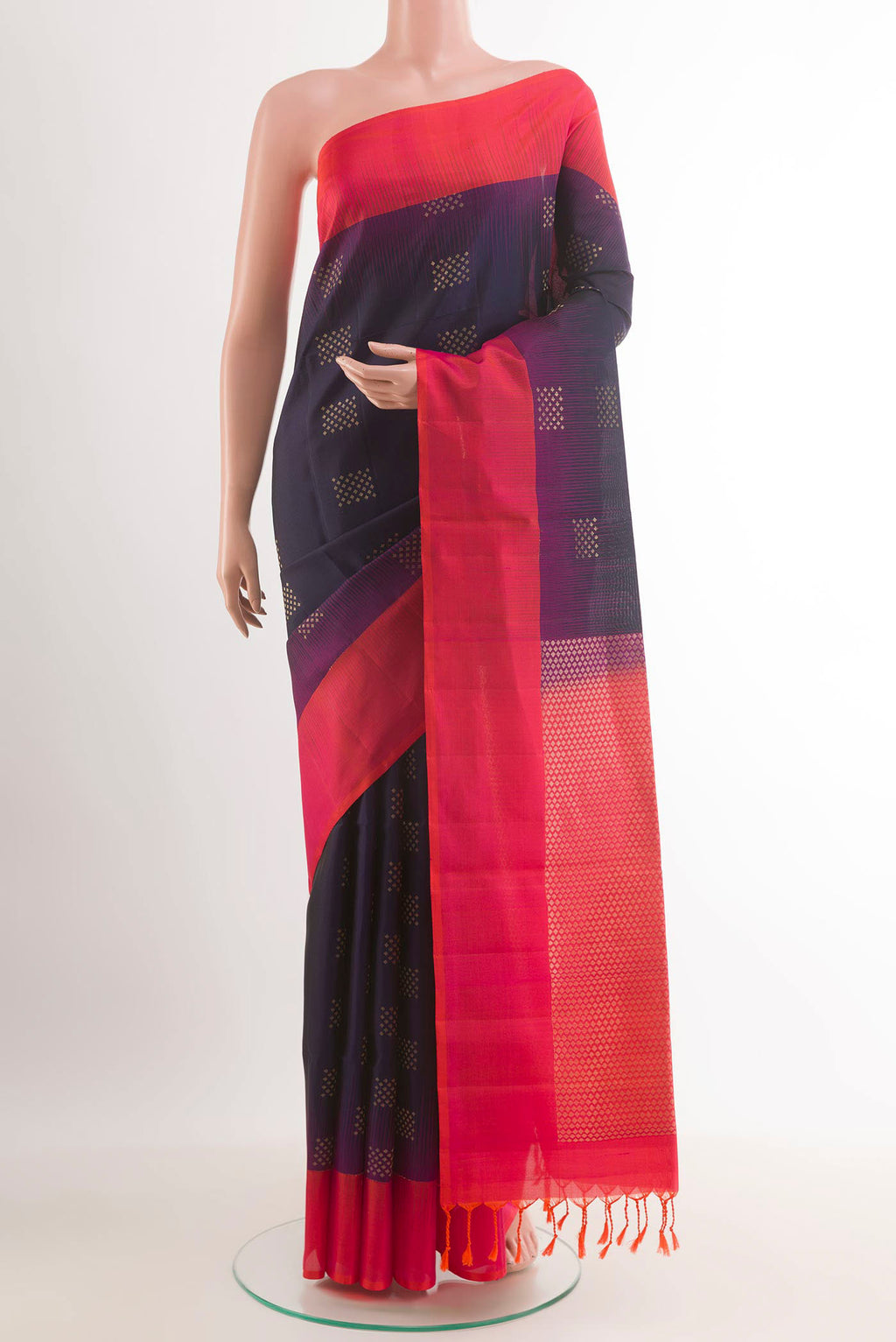 Purple Dual Tone Soft Silk Saree with Zari Butta on the body and Zari Border.  displayed on a mannequin