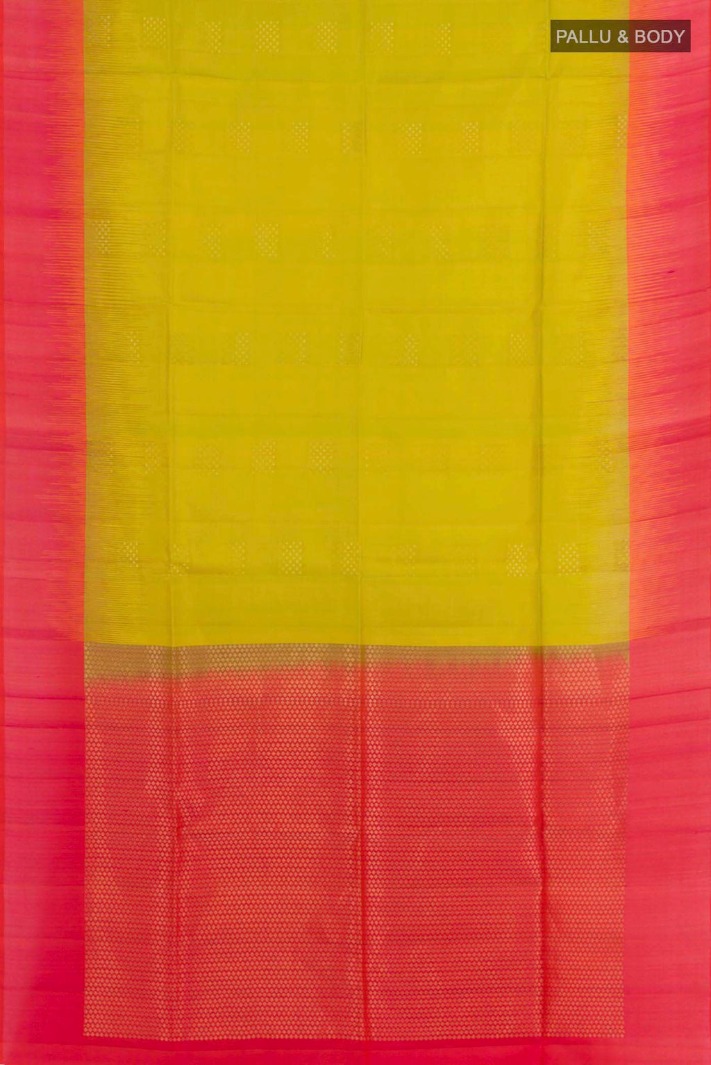 Flat view of Lemon Yellow Dual Tone Soft Silk Saree with Zari Butta on the body and Zari Border. 