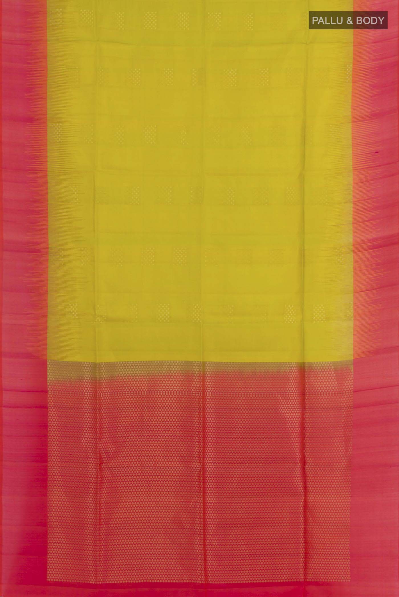 Flat view of Lemon Yellow Dual Tone Soft Silk Saree with Zari Butta on the body and Zari Border. 