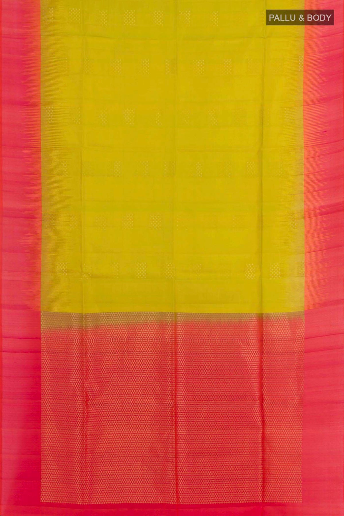 Flat view of Lemon Yellow Dual Tone Soft Silk Saree with Zari Butta on the body and Zari Border. 