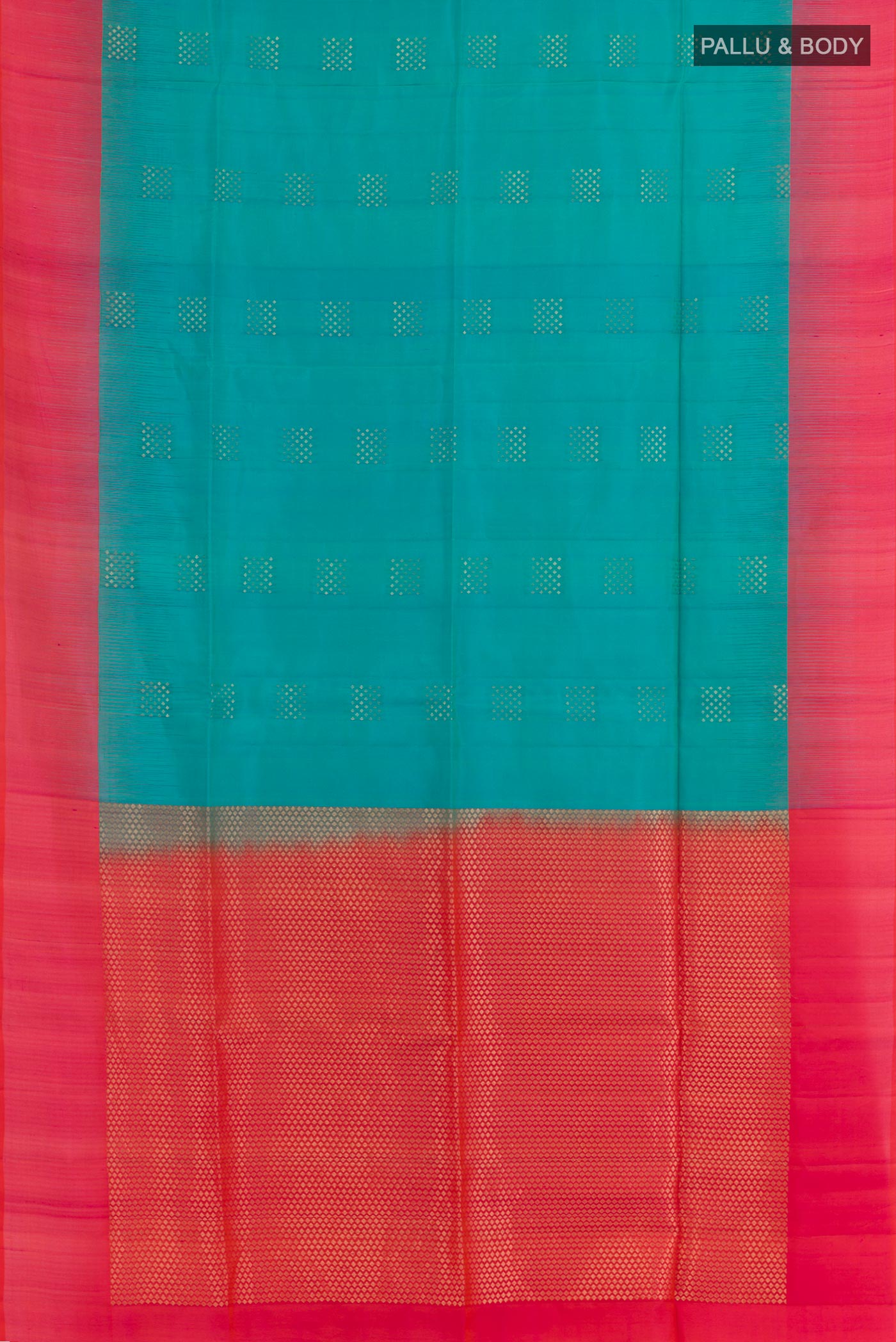 Flat view of Blue Dual Tone Soft Silk Saree with Zari Butta on the body and Zari Border. 