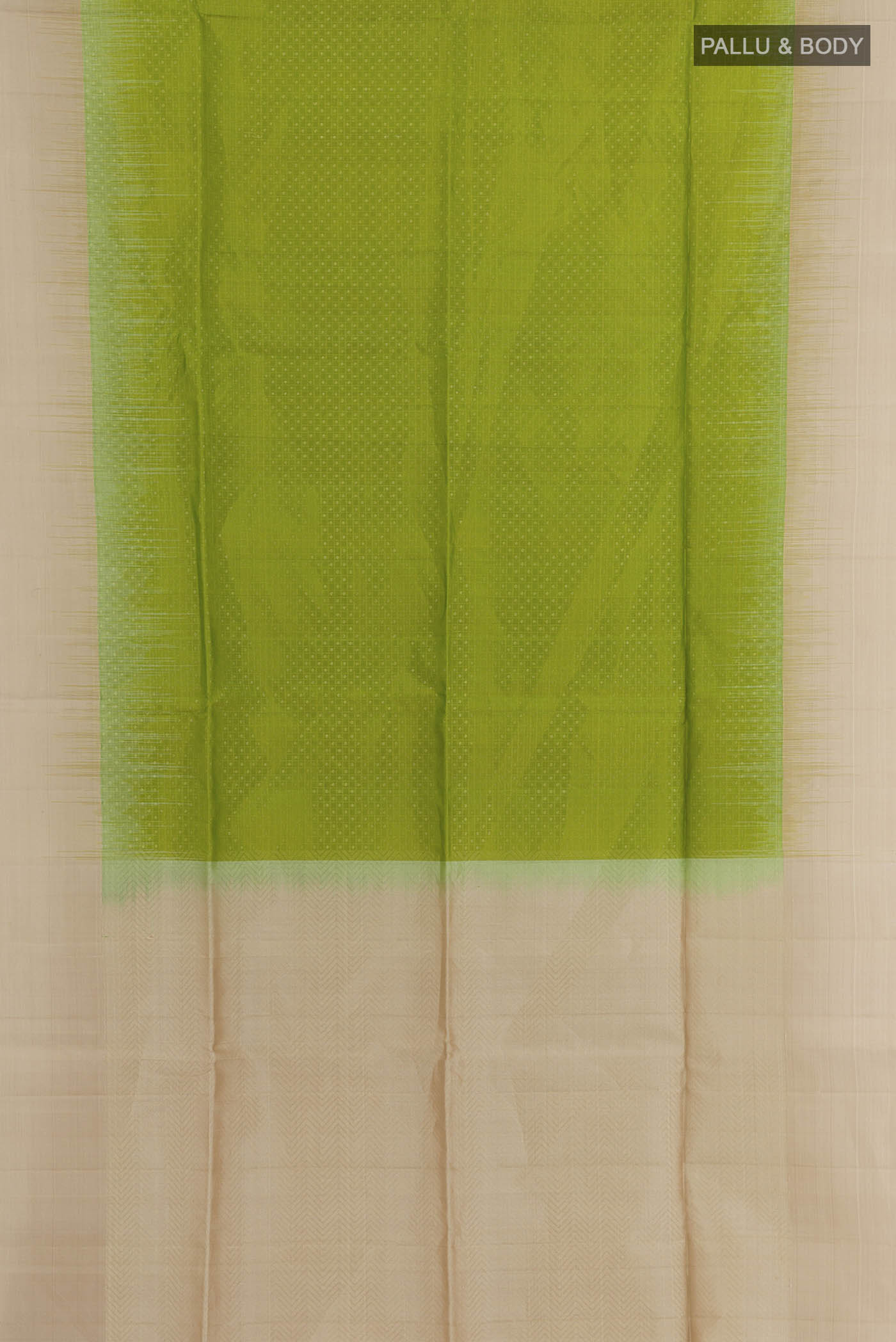 Flat view of Green Soft Silk Saree with Zari Butta on the body and Zari Border. 