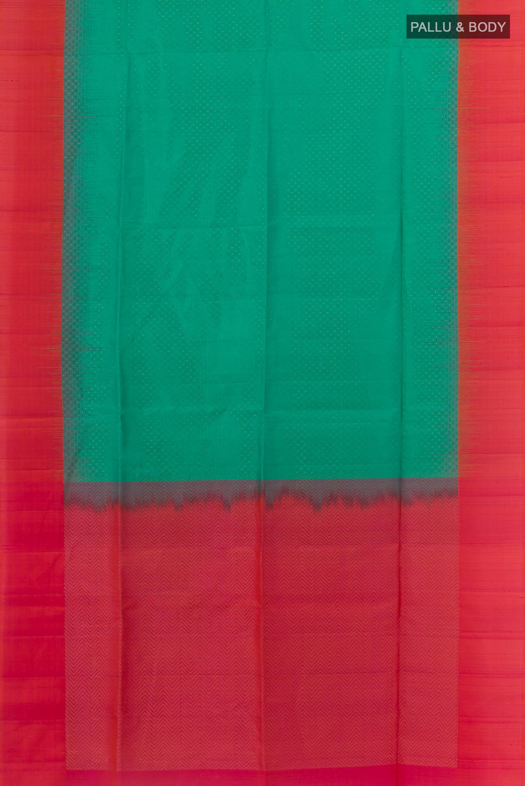 Flat view of Sea Green Soft Silk Saree with Zari Butta on the body and Zari Border. 