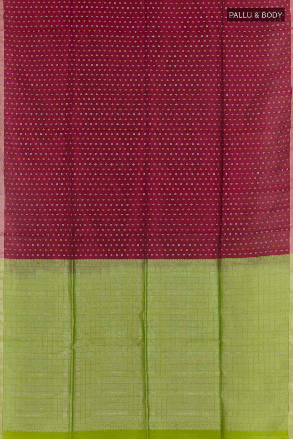Flat view of Maroon Soft Silk Saree with Zari Butta on the body and Zari Border. 