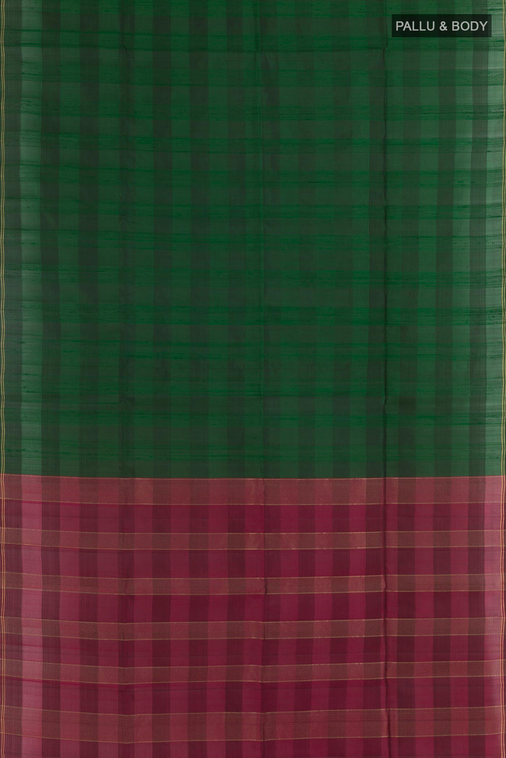 Flat view of Bottle Green Soft Silk Saree with Checked design on the body and Zari Border. 