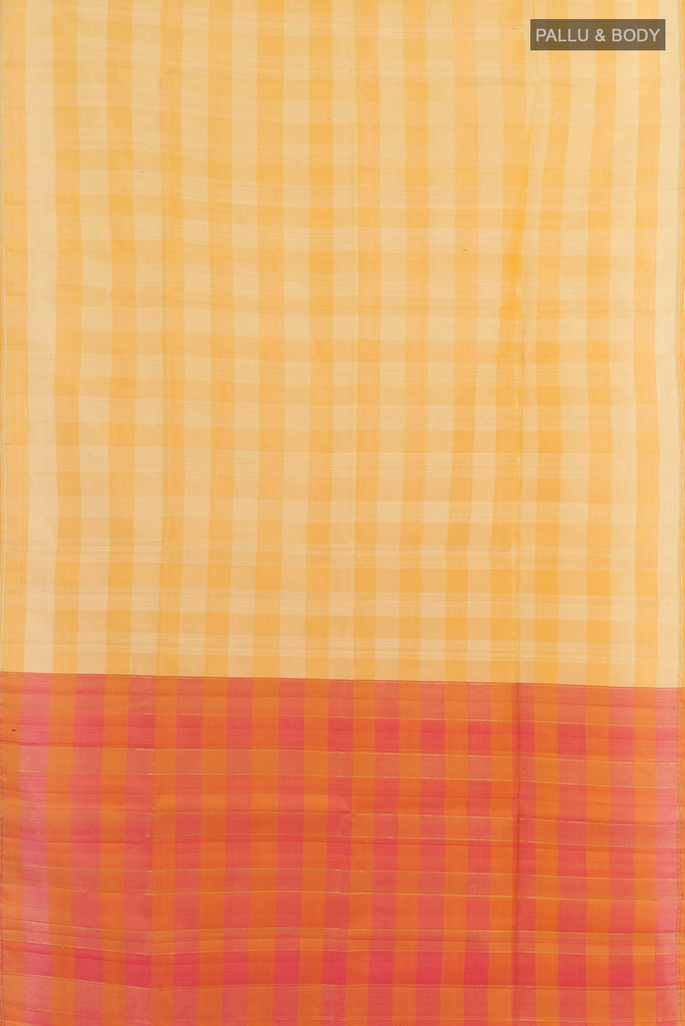 Flat view of Yellow Soft Silk Saree with Checked design on the body and Zari Border. 