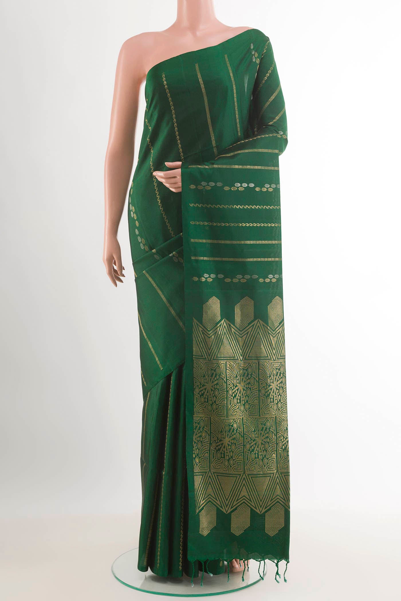 Bottle Green Dual Tone Soft Silk Saree with Stripes on the body and Zari Border.  displayed on a mannequin