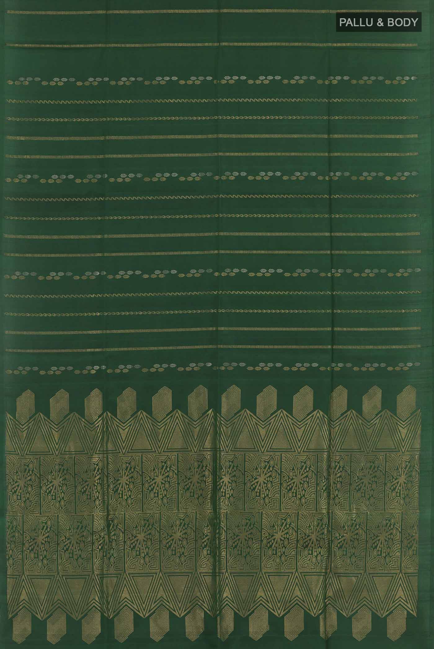 Flat view of Bottle Green Dual Tone Soft Silk Saree with Stripes on the body and Zari Border. 