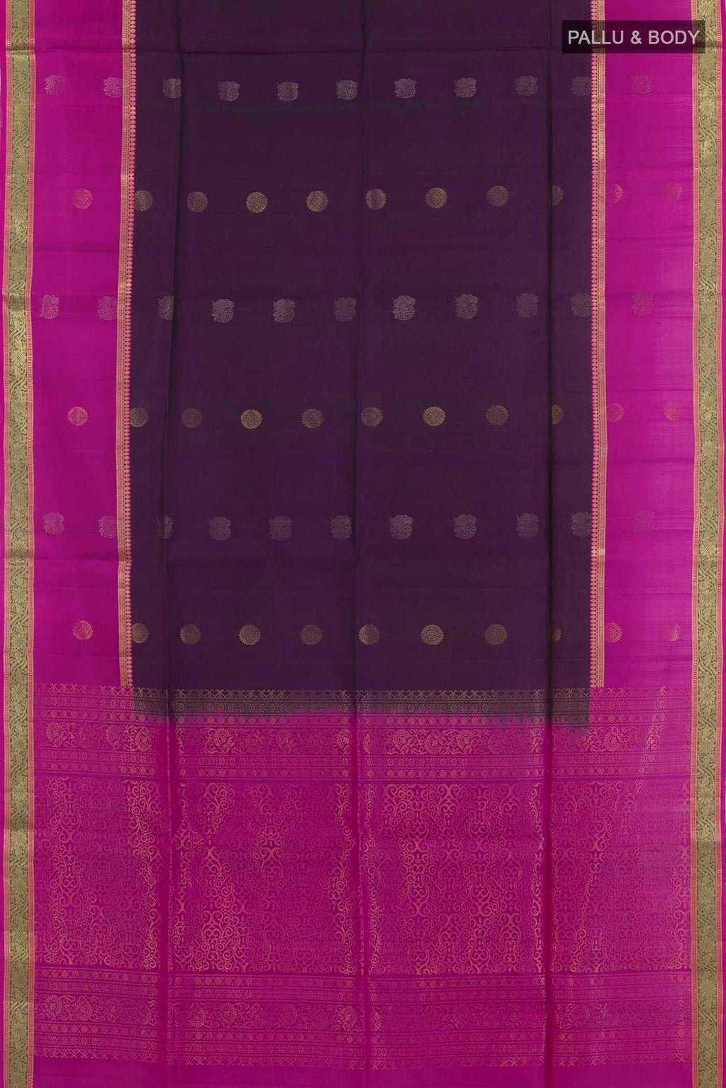 Flat view of Purple Soft Silk Saree with Zari Butta on the body and Zari Border. 