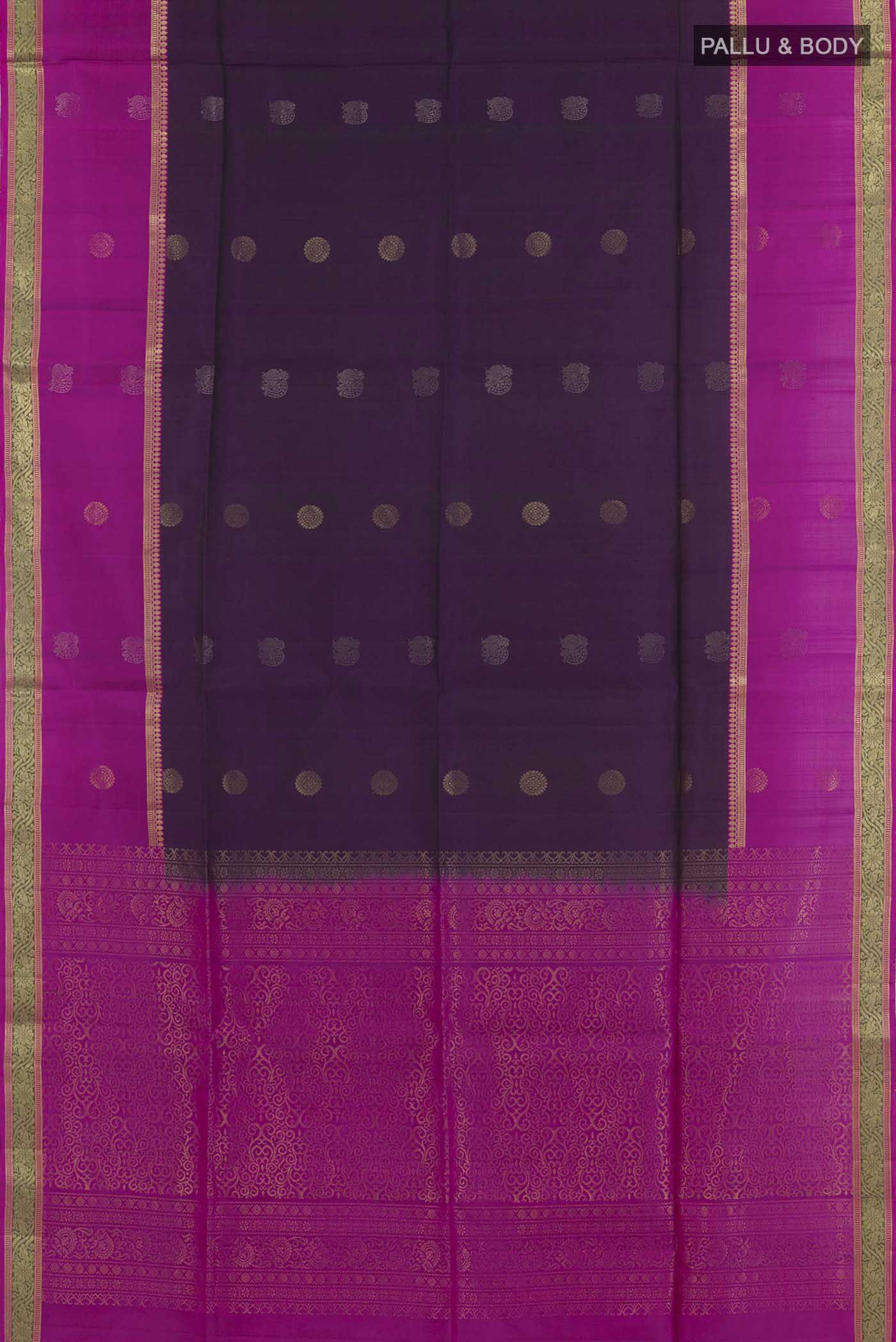 Flat view of Purple Soft Silk Saree with Zari Butta on the body and Zari Border. 