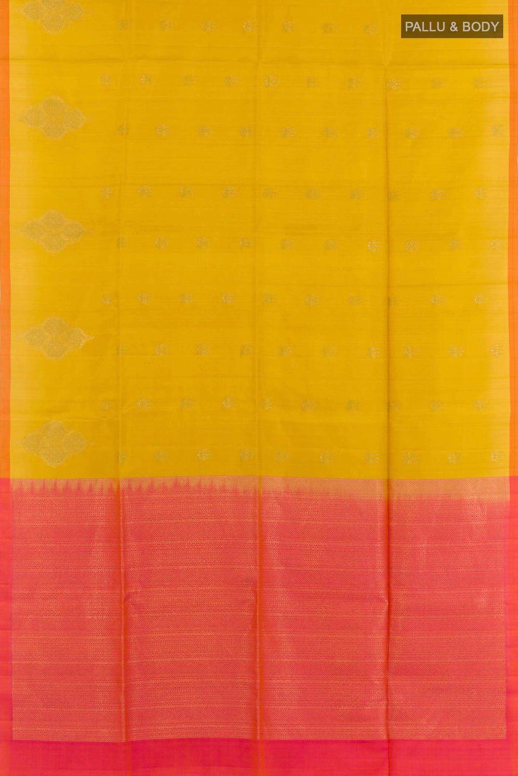 Flat view of Yellow Soft Silk Saree with Zari Butta on the body and Zari Border. 