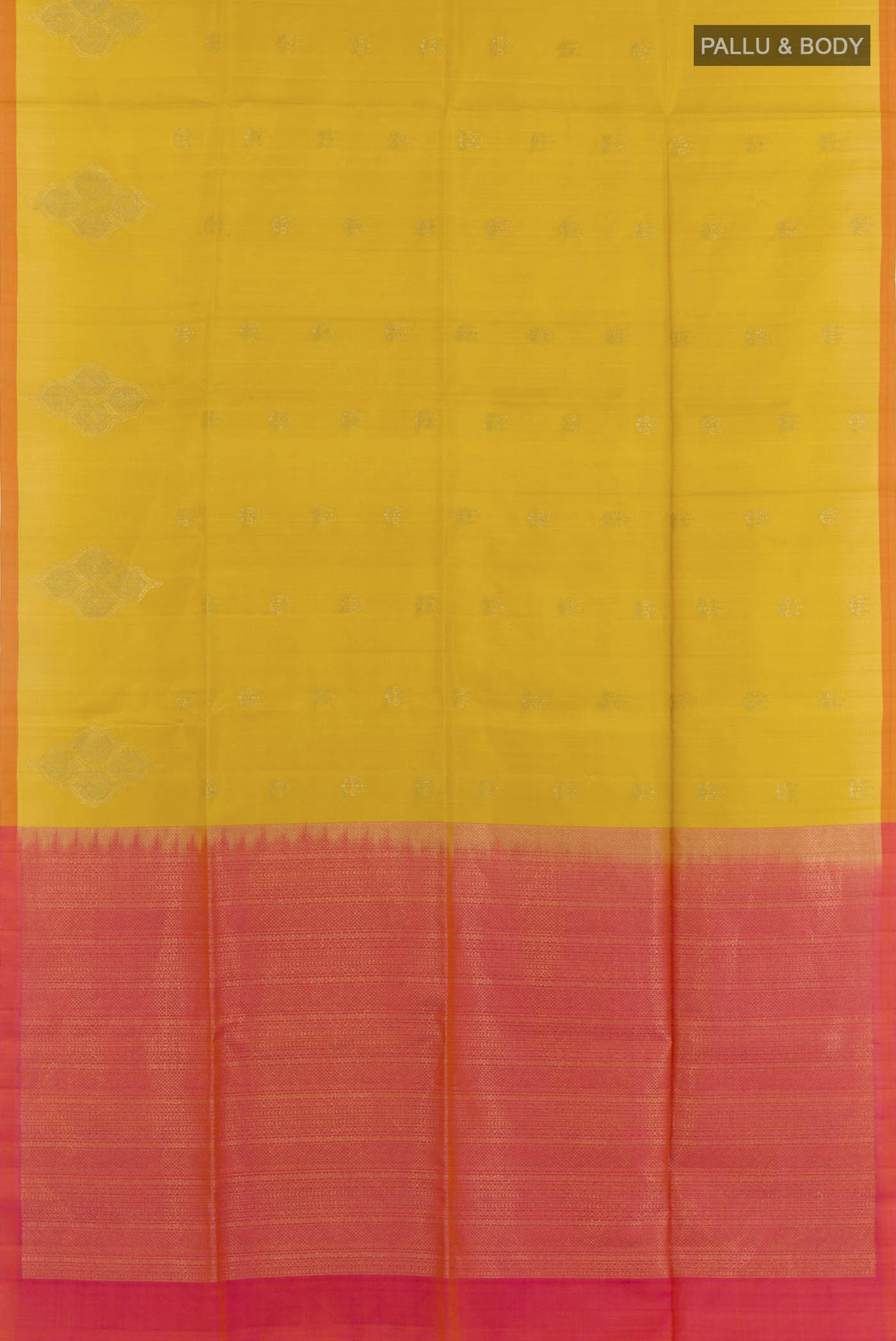 Flat view of Yellow Soft Silk Saree with Zari Butta on the body and Zari Border. 