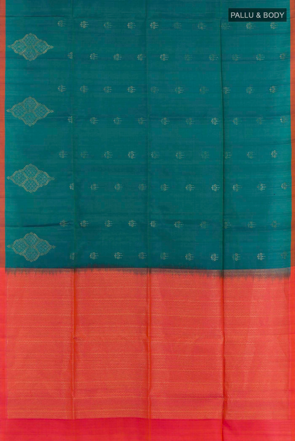 Flat view of Bottle Green Soft Silk Saree with Zari Butta on the body and Zari Border. 