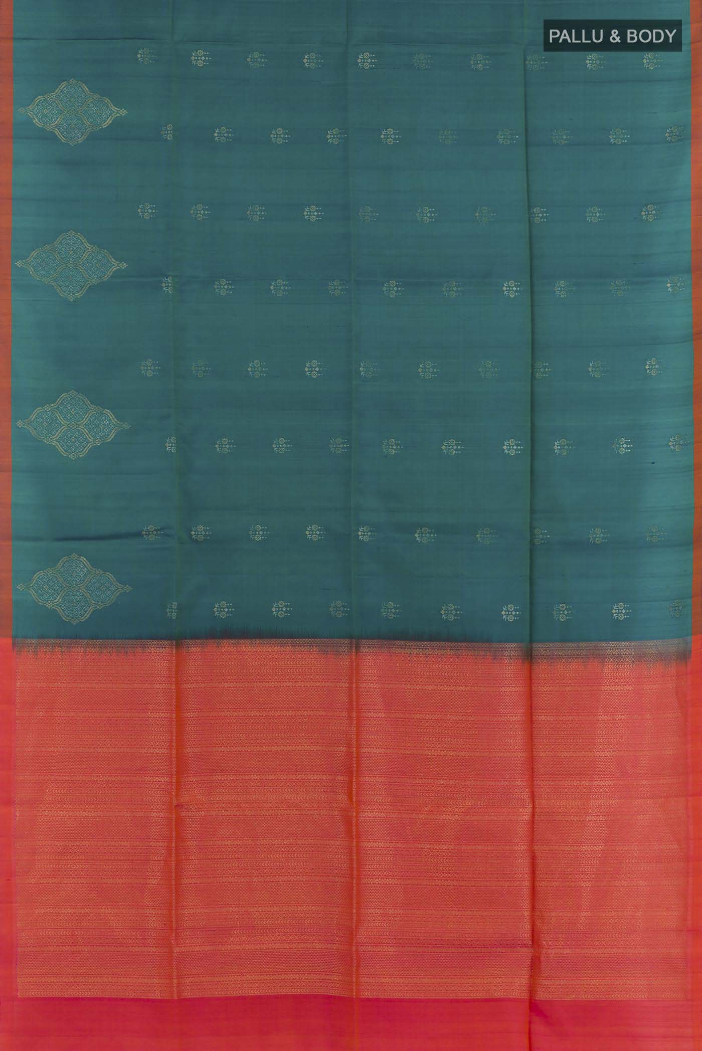Flat view of Bottle Green Soft Silk Saree with Zari Butta on the body and Zari Border. 