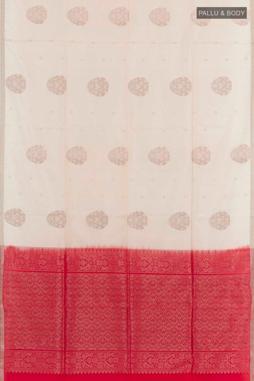 Flat view of Off White Soft Silk Saree with Zari Butta on the body and Zari Border. 