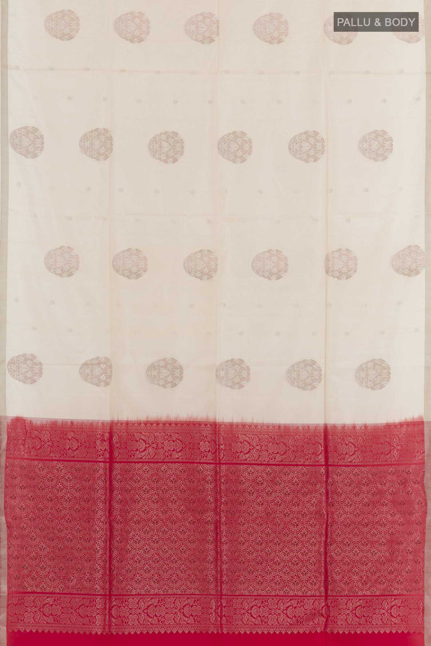 Flat view of Off White Soft Silk Saree with Zari Butta on the body and Zari Border. 