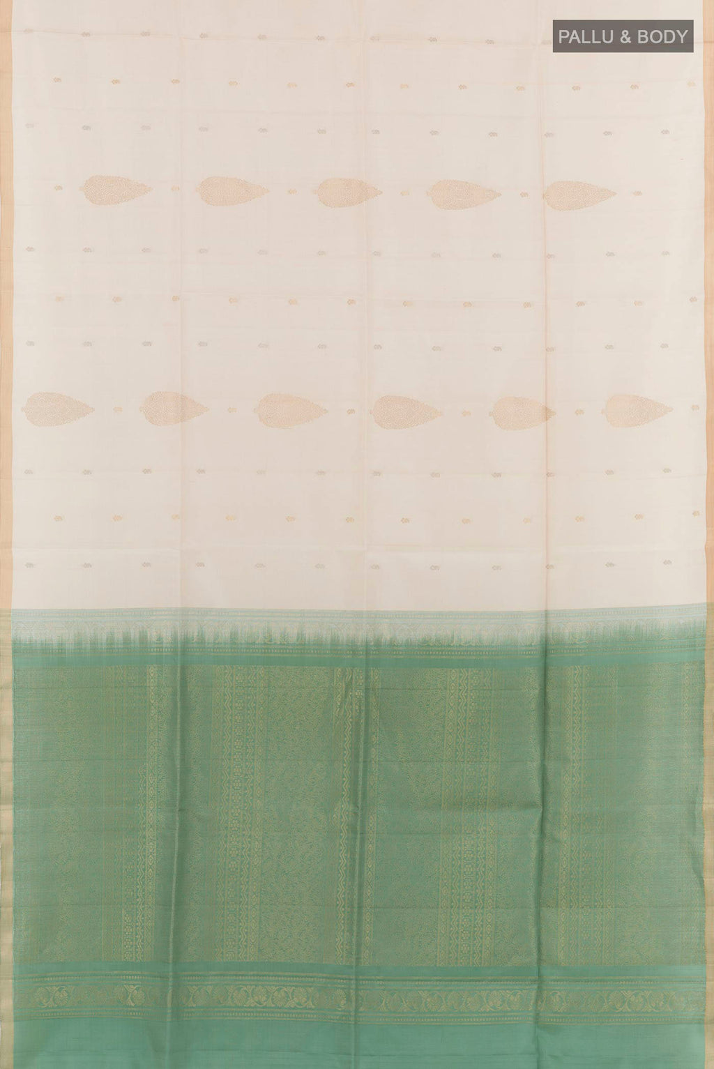 Flat view of Off White Soft Silk Saree with Zari Butta on the body and Zari Border. 