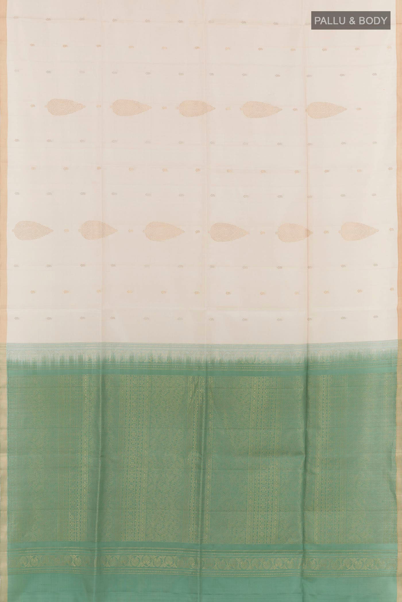 Flat view of Off White Soft Silk Saree with Zari Butta on the body and Zari Border. 